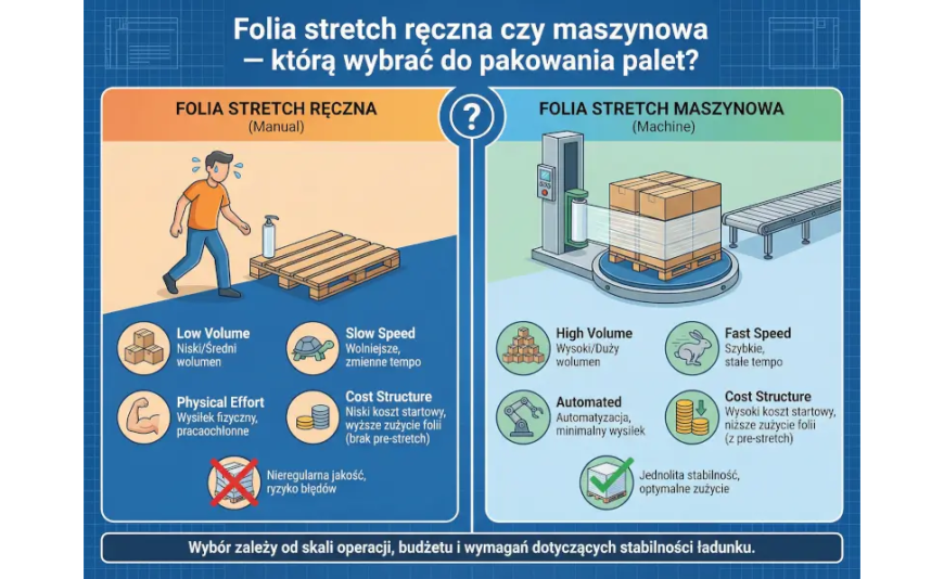 Folia stretch ręczna czy maszynowa — którą wybrać do pakowania palet?
